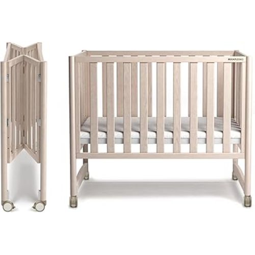 EvoNook 6-in-1 Convertible Mini Crib, 100% New Zealand Pinewood, 4 Adjustable Mattress Heights, Crib with Mattress, Washed Nature