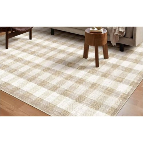 COLORPAPA Checkered Area Rug 5x7, Washable Rugs for Living Room, Modern Neutral Non Slip Indoor Carpet for Bedroom Office Patio Dining Room (Beige)