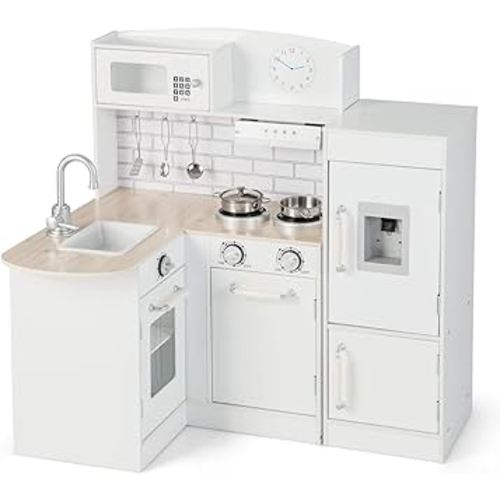 HONEY JOY Corner Kids Kitchen Playset, Little Chef Wooden Play Kitchen for Toddlers, Water Dispenser, Microwave, Range Hood, Refrigerator, Cookware, Modular Pretend Toy Kitchen Set w/Lights & Sounds