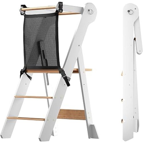 COSYLAND Foldable Toddler Standing Tower - Adjustable Height Folding Step Stool Kids Toddler Kitchen Stool for Learning and Cooking - Ages 18 Months to 6 Years with Safety Net Natural & White