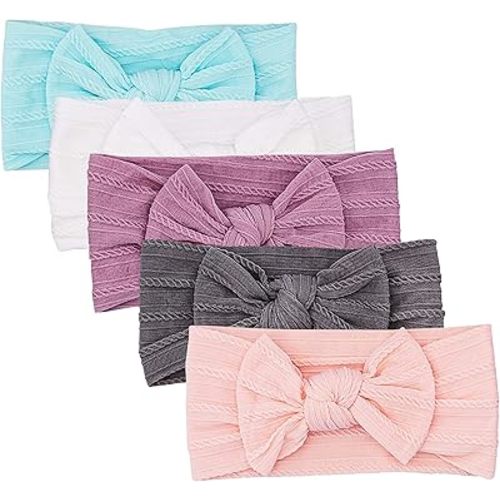 Parker Baby Girl Headbands - 5 Pack of Cable Knit Nylon Bows for Girls -"Grace Set"