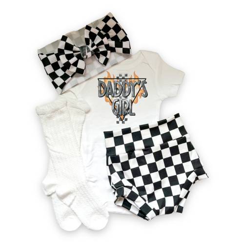 Daddy's Girl Baby Girl Outfit, Black and White Checkered Bummies, 1st Father's Day Baby Set, Baby Bummies Bodysuit and Bow Set