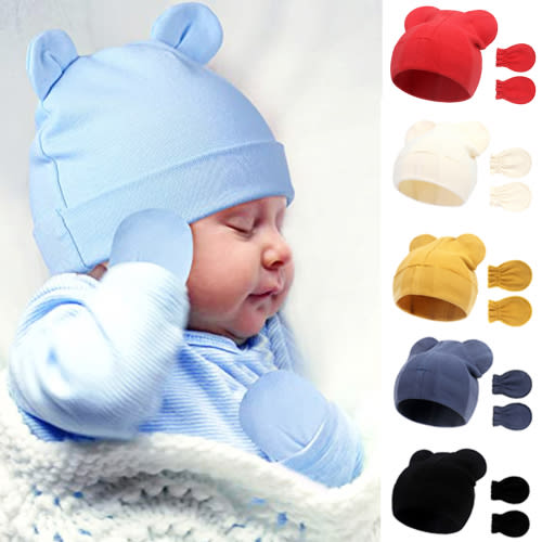 Newborn Baby Hats and Mittens Set, Winter Bear Ears Beanies No Scratch Mittens for Infant Boys Girls