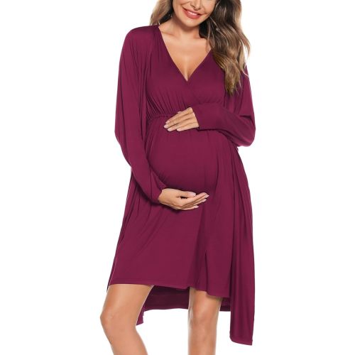 SWOMOG Women Maternity Nursing Gown and Robe Set 3 in 1 Labor Delivery Nursing Nightgown for Breastfeeding Hospital Bathrobe