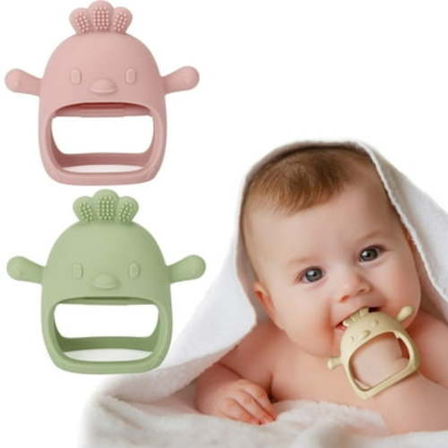 Silicone Baby Teether Toy for Infants 3+ Months, BPA Free Anti-Drop Silicone Mitten Teething Toy for Soothing Sore Gums, Baby Chew Toys for Sucking Needs, Rose Pink+Olive