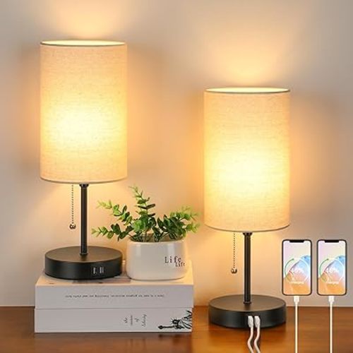 2 Sets Table Lamps with 2 USB, Minimalist Beside lamps for Bedroom, Nightstand Lamps with Pull Chain, Desk Lamps with Cream Fabric Shade and Black Metal Base for Living Room, Home Office Reading Hotel