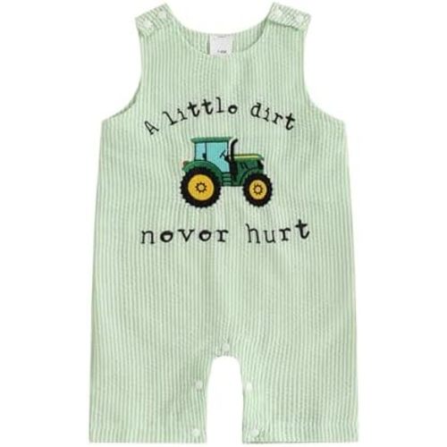 SAYOO Newborn Baby Boy Tractor Clothes A Little Dirt Never Hurt Embroidery Romper Jumpsuit Farm Baby Coming Home Shortalls