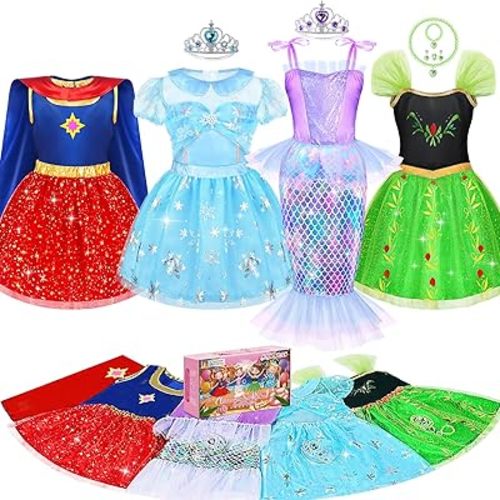 Princess Dress Up Clothes for Little Girls, 16 PCS Princess Toddler Dress Up Costumes, Kids' Dress Up Pretend Play Toys Gifts for Toddlers, Mermaid Costume Set with Accessories for Girls 3 4 5 6