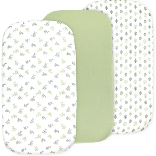 3 Pack Organic Muslin Bedside Bassinet Sheets Compatible with Mika Micky, Baby Delight, Dream On Me, AMKE and Other Bassinet Pads Size Between 17-21 in Width, 29-33 in Length, and 1.5-4 in Thick