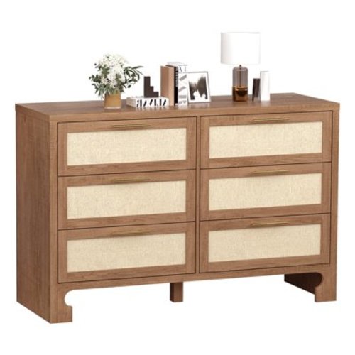 Dresser for Bedroom with 6 Drawers, Burlap Design Wood Drawer Dresser Chest of Drawers for Closet, Living Room, Hallway, Nursery, Kids Bedroom, Caramel