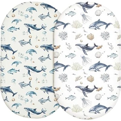 Bassinet Sheets for Baby Girls Boys 2 Pack, Fitted Baby Mattress Sheet for Rectangle, Oval, Hourglass Bassinet Mattress, Breathable Cozy & Universal Fit (Aquatic Adventures)