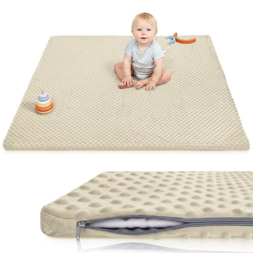 Baby Floor Play Mat for Playpen, Extra Thick 50x50 Inches Padded Mat with Ultra Soft 3D Minky Dot & Removable Washable Cover, Non-Slip & Safe for Crawling,Tummy Time,Infant/Toddler (Beige)
