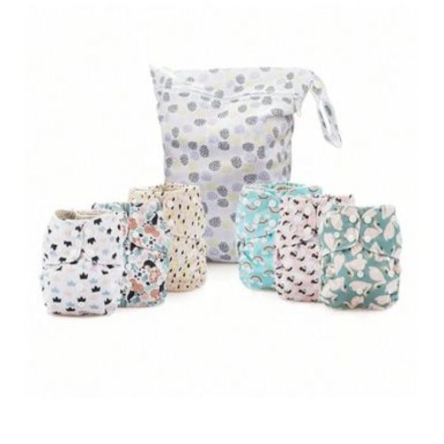 6ct Reusable Cloth Diapers, One Size Adjustable, Washable Soft Absorbent, Waterproof Cover, 4-Layers Microfiber Inserts (Whimsical) - Simple Being