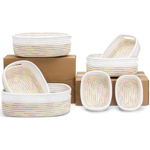 7 Piece Cotton Rope Woven Basket Set - Small Basket for Baby Nursery, Pets, Montessori, Dog & Cat Toy Boxes, Bathroom Organization Bins (White/Rainbow Stitching)