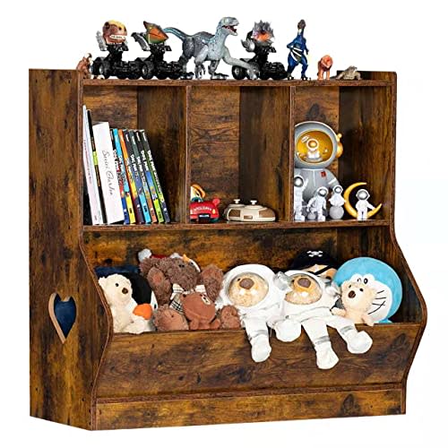 Lerliuo Kids Toy Storage Organizer, Children Small Bookcase and Bookshelf, Toddler 4 Cubby Toy Storage Cabinet, Toy Shelf for Playroom, Bedroom, Living Room, Nursery, School 29.53'' H (Brown)