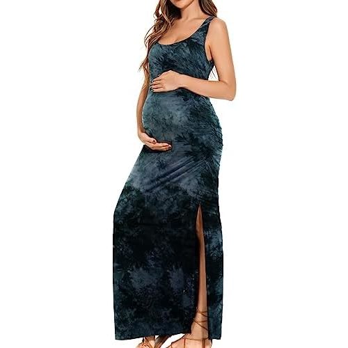 Smallshow Women's Split Long Maternity Dress Sleeveness Ruched Pregnancy Clothes