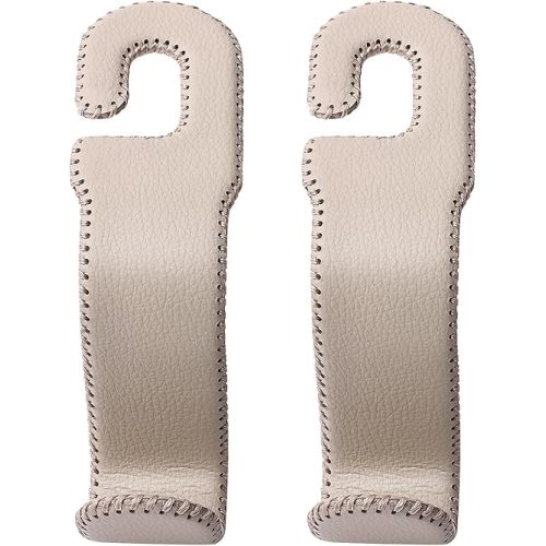 Leather Car Hooks for Headrest - Fully Leather-Wrapped U-Shaped Purse Holder for Car, Flexible Seat Back Organizer & Durable Car Accessories for Purses, Bags, Coats & More (Beige, 2 Pack)
