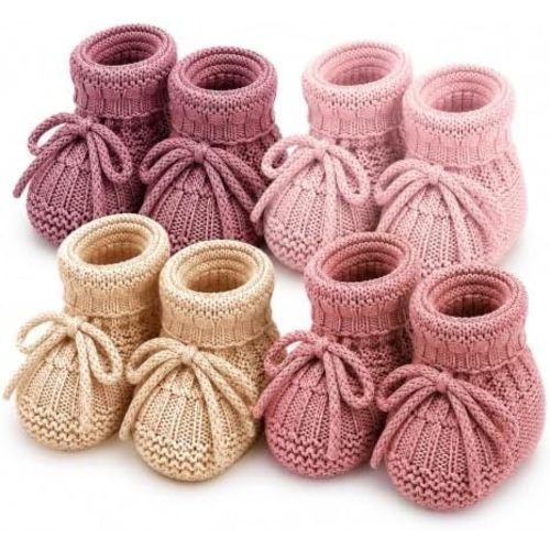 gisgfim 4 Pairs Knitted Baby Booties Newborn Walking Shoes Cotton Bootie Cozy Warm Soft Sock Slippers Crochet Baby Sock Cotton Indoor House Shoes Newborn Knit Boots for Infant Girl Boy