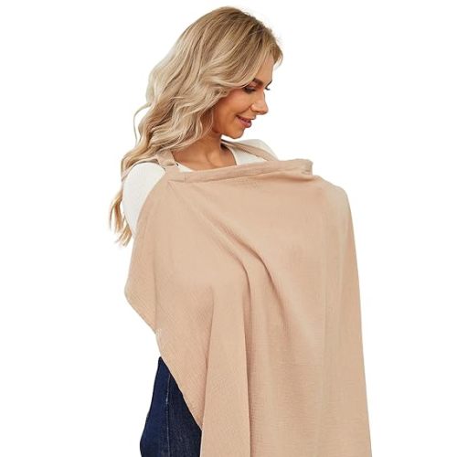 PPOGOO Muslin Nursing Cover for Baby Breastfeeding, Breathable Privacy Nursing Covers for Mom 100% Cotton Breastfeeding Cover with Rigid Hoop for Mother Nursing Apron (Brown)