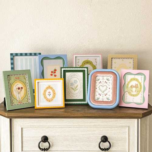 Whimsical Colorful Picture Frame Set of 9 – Pastel Retro Wall Gallery Frames – Vintage-Inspired Cottagecore Decor for Photos & Gifts