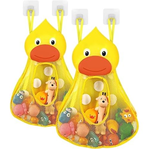 Bath Toy Holder *2, Cute Duck Bathtub Toy Storage Organizer Holder, Bath Toy Net Storage Holder with Adhesive Sticker Hooks