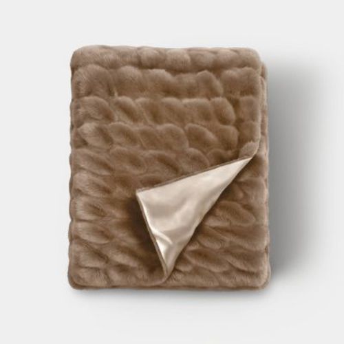 Ruched Faux Rabbit Fur Throw Blanket Taupe - Threshold™