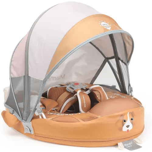 Mambobaby Float Add Tail Newest Baby Swim Float with Canopy Solid Pool Infant Swim Trainer Swimming Training Lying Air Free Water Floats Non-Inflatable Waist Swim Ring for Toddlers (Cute Puppy)