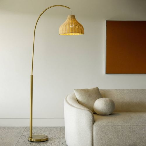 Brightech Lark Mid-Century (Includes LED Light Bulb) Arc Floor Lamp Antiqued Brass: Rustic Rattan Shade, 75" Tall