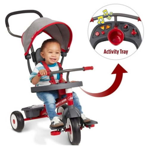 Radio Flyer Ready Ride Classic 4-in-1 Stroll 'N Trike with Activity Tray, Red & Gray, Convertible Tricycle, Unisex