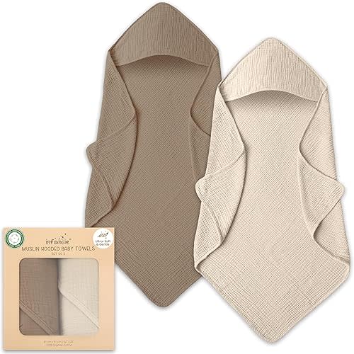 Organic Cotton Muslin Baby Hooded Towels - 32x32 Inch, 2 Pack Newborn Bath Towels for Boys & Girls, Soft & Absorbent Bath Set (Olive/Ivory)