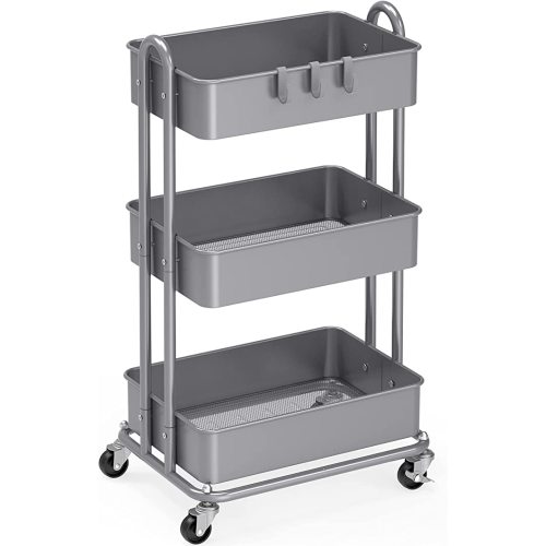 Simple Houseware Heavy Duty 3-Tier Metal Utility Rolling Cart, Silver