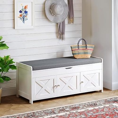 Pipishell 2-Tier Storage Bench Cushion Seat, Farmhouse Shoe Bench with Storage, Entryway Shoe Storage 3 Doors, Adjustable Shelf, 16x43x18, 300 lbs Capacity, Shoe Rack for Living Room, Bedroom, White