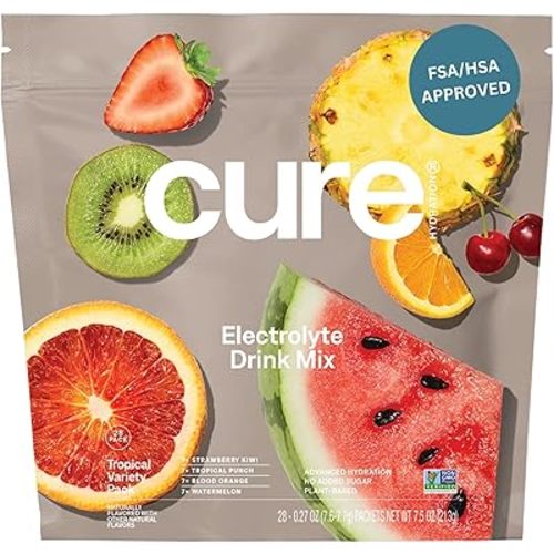 Cure Hydration | Plant-Based Electrolyte Drink Mix | No Added Sugar | FSA & HSA | Dehydration Relief Powder Made with Coconut Water | Non-GMO | Vegan | 28 Packets - Tropical Variety Pack