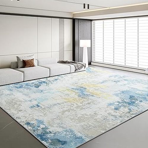 HOMBYS 10x14 ft Modern Area Rug for Living Room Bedroom, Large Abstract Floor Carpet with Non-Slip Backing for Indoor Office Dining Room, Boho Farmhouse Home Deco, Blue, Machine Washable