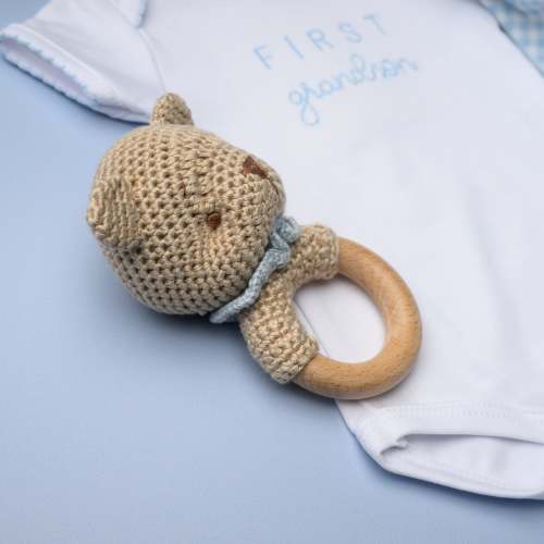 Bear Bamboo Crochet Woodring Rattle - Blue