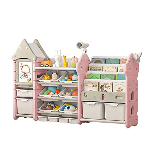 UNICOO - Kids Toy Storage Organizer and Children Bookshelf, with 14 Bins, Pull-Out Drawers Multipurpose Shelf for Toddlers to Organize Toys and Books (Magic Castle – Pink)