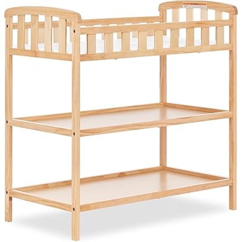 Dream On Me Emily Changing Table, Compact and Portable, Solid New Zealand Pinewood, Safety Rails, Two Storage Shelves, Includes Water-Resistant 1" Changing Pad — Natural
