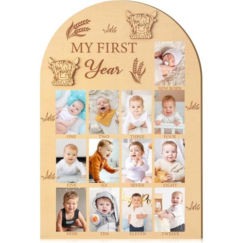 R HORSE Picture Frame - My First Year Photo Display Board, Highland Cow, Wood, 15.7 x 11 inches, Unisex Adult Gift