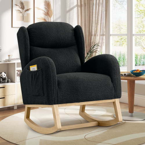 Muumblus Wingback Glider Rocking Chair for Baby Nursery, Adult, Indoor, Black Teddy