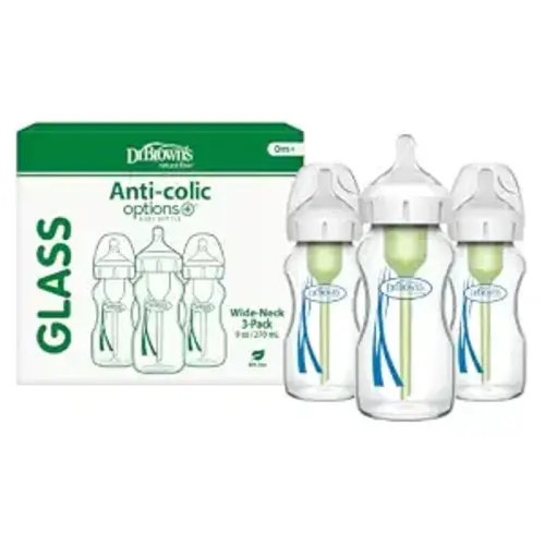 Dr. Brown's Natural Flow Anti-Colic Options+ Wide-Neck Glass Baby Bottles 9 oz/270 mL, with Level 1 Slow Flow Nipple, 3 Pack, 0m+