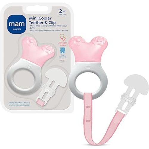 MAM Mini Cooler Baby Teether with Clip (2 Pack) – Cooling Teething Rings for Teething Relief, Lightweight Easy-Grip Design, Reaches Back Teeth, Refrigerator Safe Infant Teething Toy