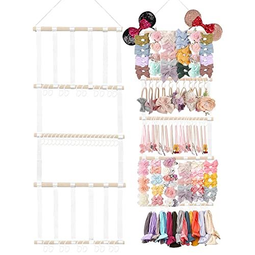 Danightime 48" X 15" Headband Holder, Baby Headband Organizer w/16Pcs Cotton Ribbons, 40Pcs S Hooks, 1Pc Non-Trace Hook & 1Pc Cotton Rope, Bow Holder for Girls Hair Bows for Wall, Door or Closet