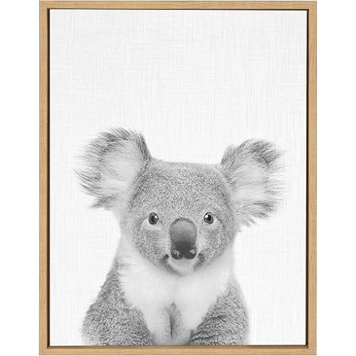 Kate and Laurel Sylvie Koala Bear Black and White Portrait Framed Canvas Wall Art by Simon Te Tai, 18x24 Natural