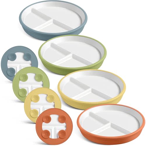 Domensi 8" Porcelain Kids Plates with Anti-slip Silicone Sleeve White Divided Porcelain Plates with Suction for Toddler Microwave Dishwasher Friendly(Light Yellow, Light Green, Orange, Blue,4 Pcs)