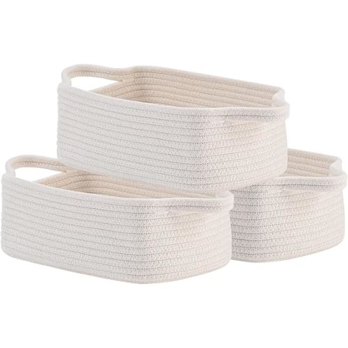 Small Woven Basket, 12 x 8 x 4.5 Inches, Small Storage Baskets for Organizing, Gift Baskets Empty, Cute Rope Shelf Closet Storage Bins for Shelves, Dog Toy Basket, Off White