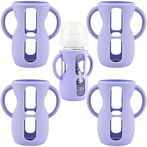 Frezonika 4 Pack Silicone Sleeves for Avent Natural Glass Baby Bottles, Silicone and Easy-Grip Handles for Drop Protection, Compatible with Philips Avent 4/8 OZ Glass Bottle (Light Purple, 8 OZ)