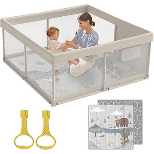 Fodoss Baby Playpen with Mat, Small Baby Play Pen(47x47inch), Playpen for Babies and Toddler (47×47inch Beige with mat)