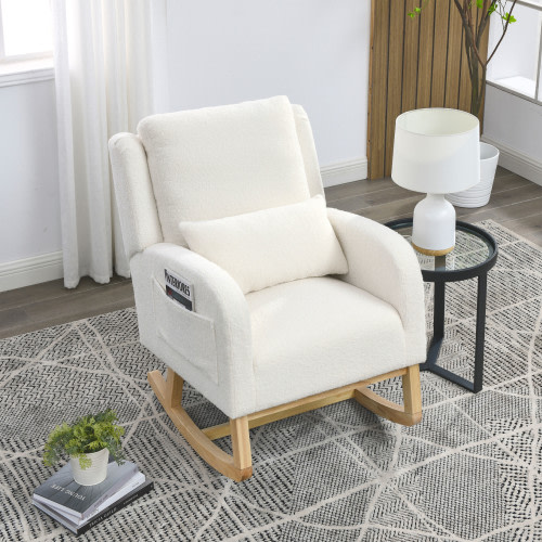 Accent Rocking Chair with Lumbar Pillow, Upholstered Teddy Fabric Rocker Recliner Chair with High Back and Two Side Pockets, Comfy Armchair Rocker Glider Chair for Living Room, Bedroom, White