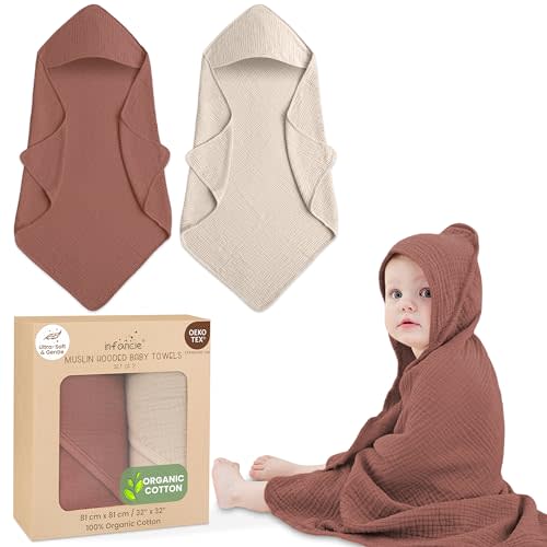 infancie Organic Cotton Muslin Baby Hooded Towels - 32x32 Inch, 2 Pack Newborn Bath Towels for Boys & Girls, Soft & Absorbent Bath Set (Rust/Ivory)