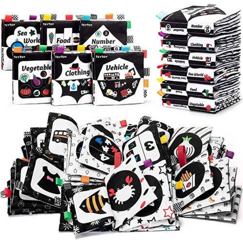 teytoy Black and White Baby Book High Contrast Soft Books Cloth Crinkle with Bell Colored Tag Visual Stimulation Newborn Sensory Toys for Newborn Infants 0 3 6 to 12 Months, 6 PCS - with teething tag